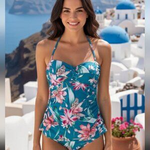 New La Blanca Flyaway Orchid Printed Bandeau Tankini Top Size 6